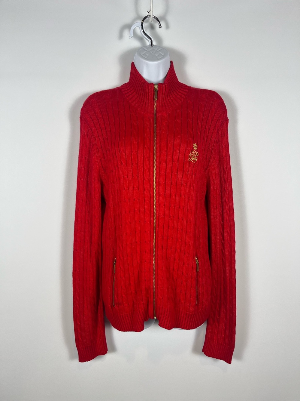 Lauren Ralph Lauren Cable-Knit Full-Zip Mockneck Sweater 100% Cotton Size XL